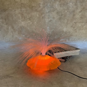 May include: An illuminated fiber optic lamp with an orange base and a cluster of light pink fibers. The lamp is plugged in and sits next to a stack of books. The lamp's base is a rounded shape.