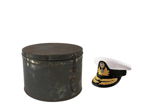 Vintage Nautical Military Tin Hat Box, Vintage Gre