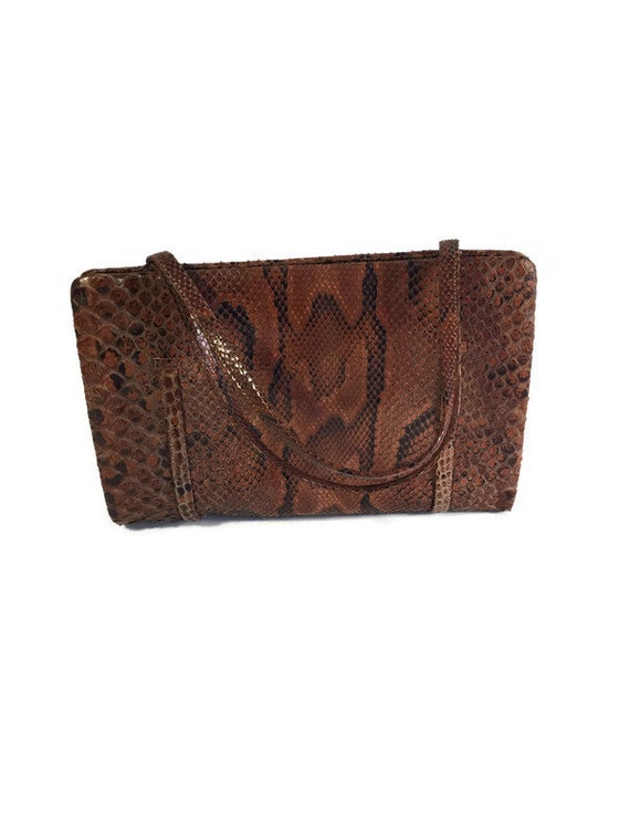 Snake skin embossed leather handbag, Vintage Leat… - image 7