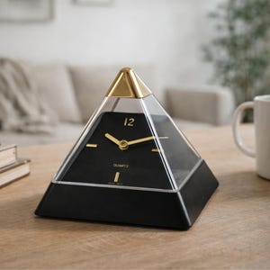 May include: A pyramid-shaped quartz clock with a black face and gold accents. The clock has a clear plastic casing and a gold top. The clock face displays the number 12 and the word "QUARTZ". The clock is on a wooden surface.
