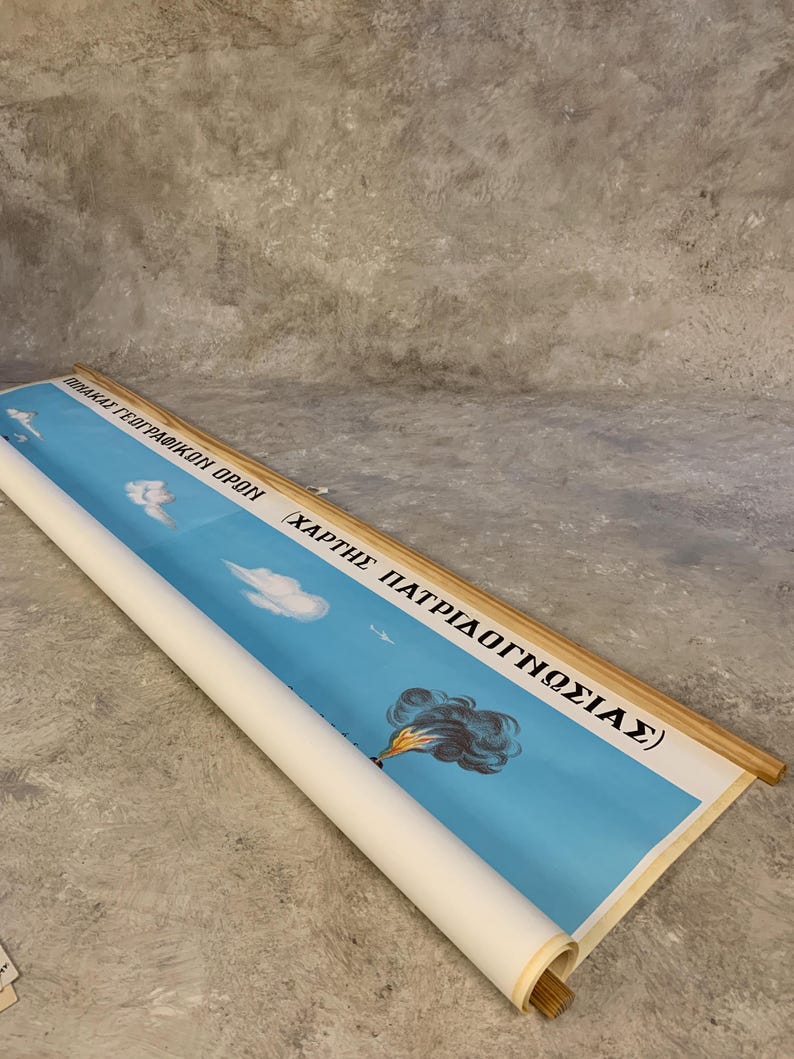 May include: Rolled vintage educational chart with a blue sky background, featuring clouds, an airplane, and a depiction of a fire. The chart has text in Greek and is mounted on wooden dowels.