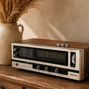 May include: A vintage-style radio with a wood-grain top and silver accents. The radio features a tuning dial, volume controls, and a digital clock display. A beige ceramic vase with dried plants sits to the left of the radio. The radio has the brand name "SOUNDESIGN".