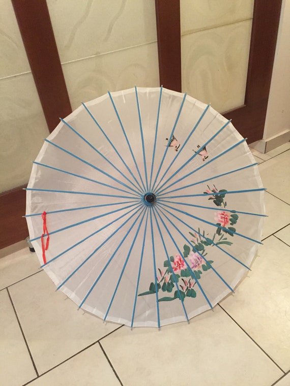 Vintage Japanese Bamboo Parasol Hand Painted, Japa