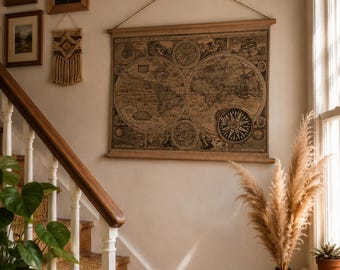 Antique Style World Map Wall Art, Vintage Look Canvas Map, Nautical Decor, Office Wall Map, Travel Wall Art