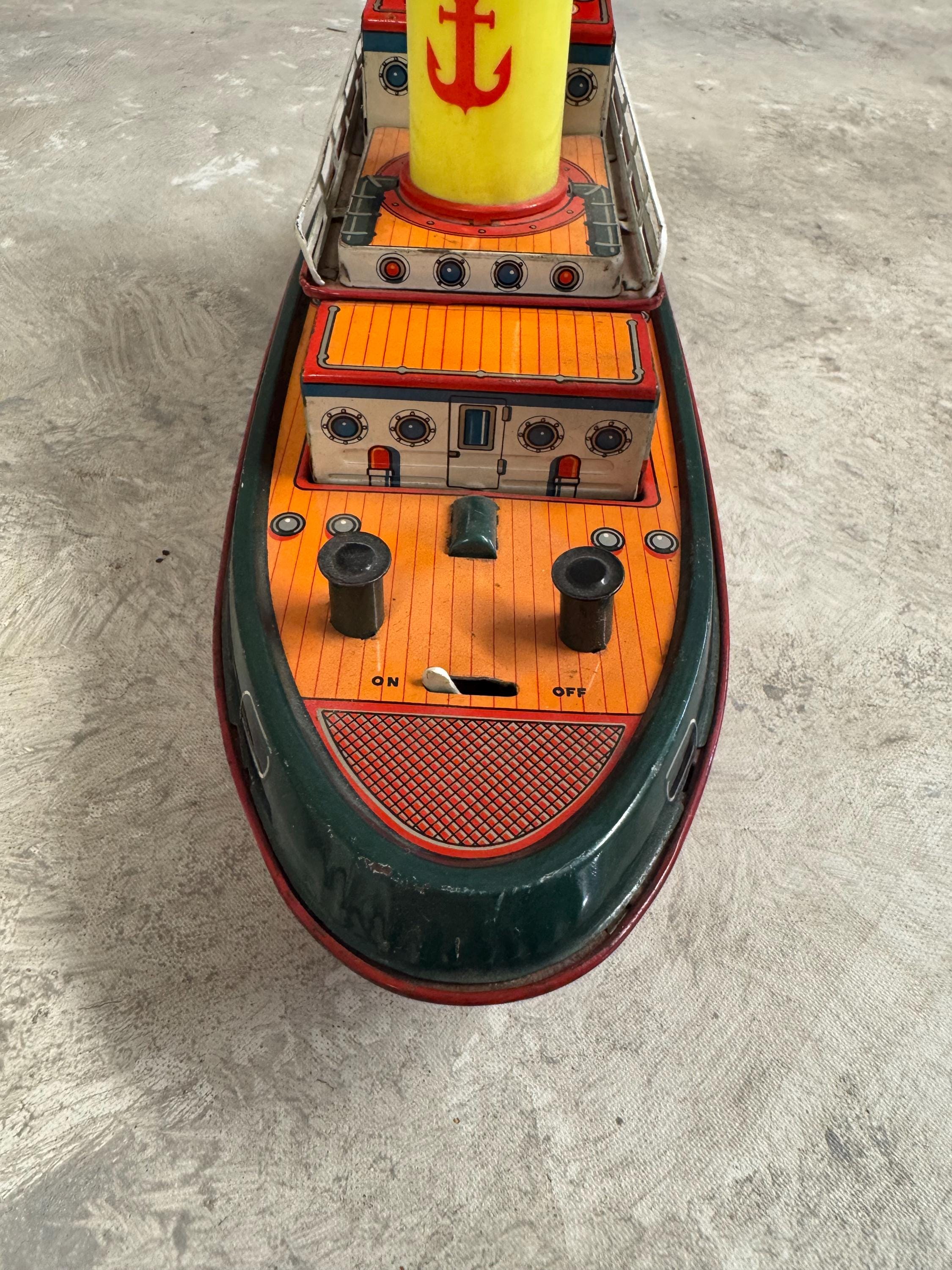 Vintage 50s Tin Lithograph Tugboat - Modern Toys Japan