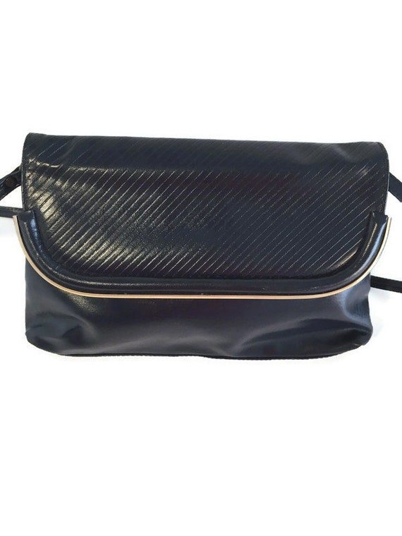Vintage Black Crossbody Bag with frame, Black Lea… - image 8