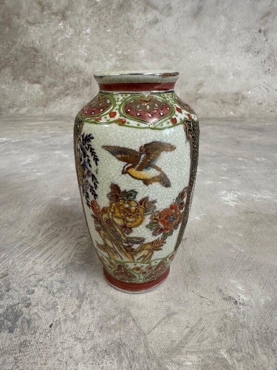 ヴィンテージ手描き薩摩花瓶：金彩花鳥文様 - Etsy 日本