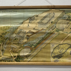 Rara mappa dell'Acropoli, mappa scolastica dell'Acropoli di Atene, mappa greca d'epoca, mappa per classi, arazzo da parete, mappa antica dell'Acropoli.
