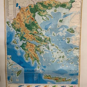Vintage Landkarte von Griechenland, Morphologische Geographie Schulkarte aus den 70er Jahren, Einzigartiges Dekor & Besonderes Geschenk für Sammler
