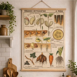 Vintage Roots pull down chart, Botanical school chart, Botanical School Science,  Home Decor, Vintage Pull down chart.