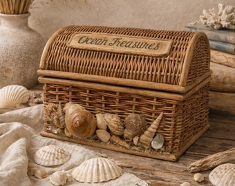 Vintage Wicker Treasure Chest: Boho Storage Trunk, Seashell Decor