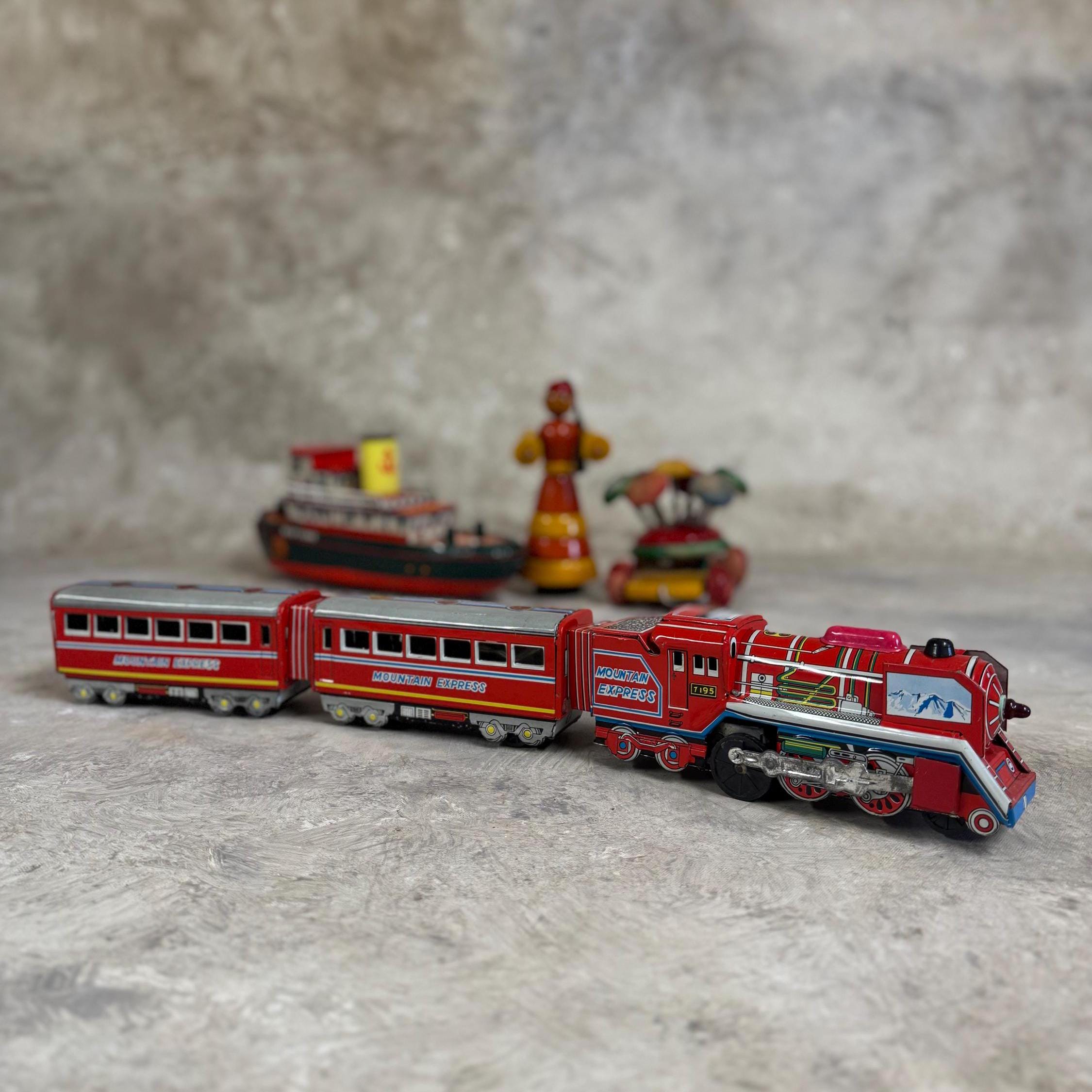 Vintage Tin Litho Toy Train 1960S Mountain Express, Battery Operated, Kb Toys