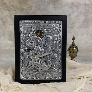 Saint George Icon, Trophy-bearer and Wonderworker Saint George, Relief Sculptural Wall Icon Plaque,  Religious Decor.