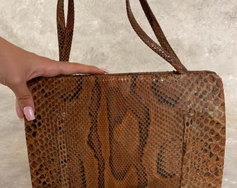 Vintage Snakeskin Embossed Leather Handbag: 1990s Elegant Snake Bag