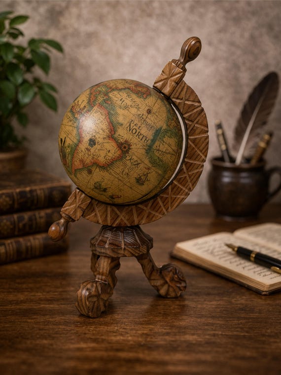 Vintage 1970s Desk World Map Globe With Wooden Tripod 16th Century