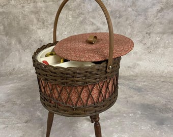 Vintage 1950s Floral Fabric Sewing Basket: Three-Legged Wicker Storage