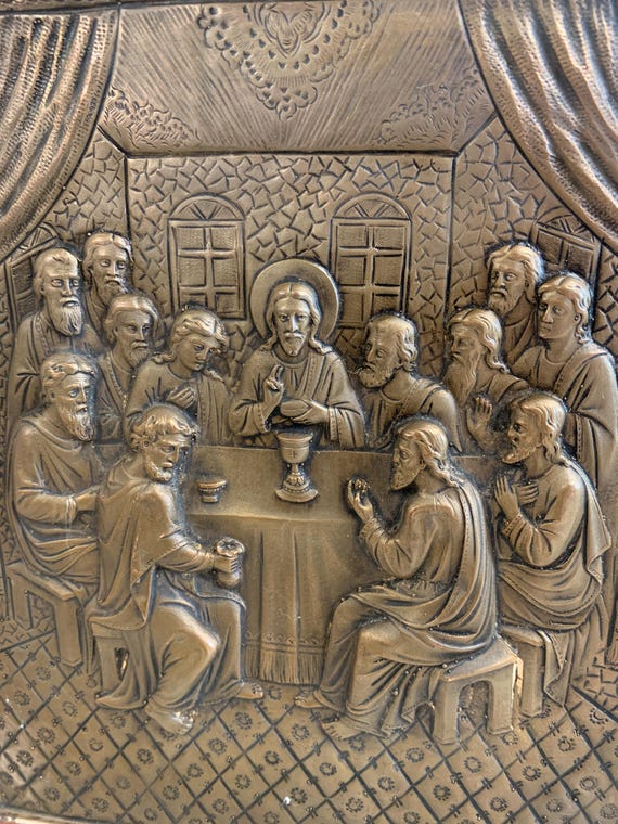 Handmade Bronze Last Supper Relief Icon: Greek Byzantine Orthodox
