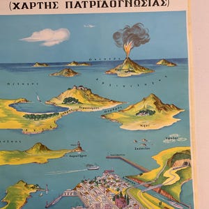 May include: Vintage educational map featuring a detailed illustration of an island landscape with a volcano, islands, and a coastal town. The map includes Greek text and is mounted on wooden rods.