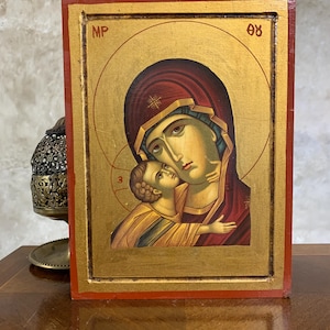 Virgin Mary and Jesus Icon, Handmade Wooden Byzantine Orthodox Wall Hanging, Religious Home Decor, Spiritual Gift for Christians