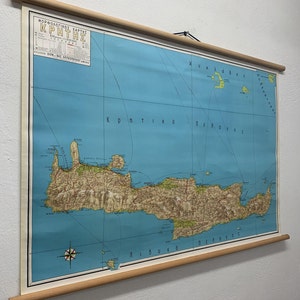 Vintage muurkaart van Kreta Griekenland, Kreta kaart Geografie Schoolkaart Kaart met uittrekbare wandtapijten.