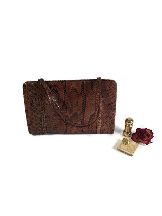 Snake skin embossed leather handbag, Vintage Leat… - image 5