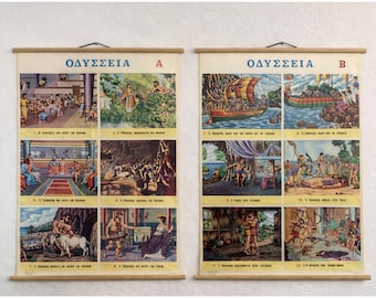 Vintage The Odyssey Complete Set, Part A & B Greek School Charts, Homer Odysseus Mythology Wall Art, Linen Canvas Pull Down