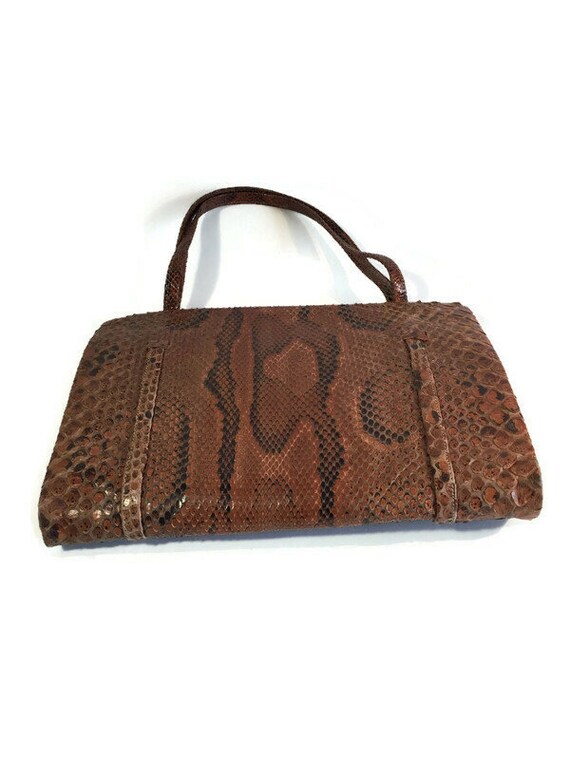 Snake skin embossed leather handbag, Vintage Leat… - image 3