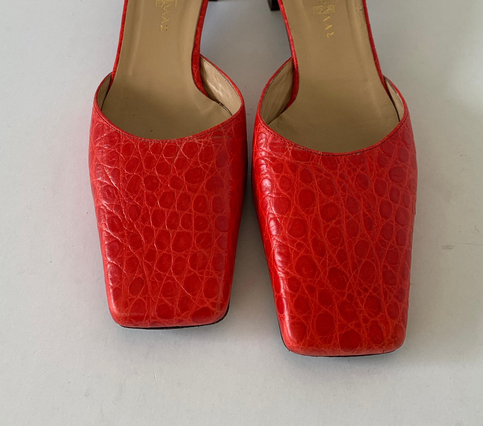 Vintage Red Croc-Embossed Leather Mules by Haralas | Etsy