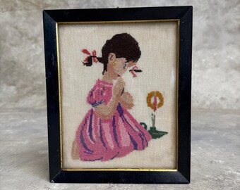 Vintage Art Deco Needlepoint Tapestry: Little Girl Praying in Cradle