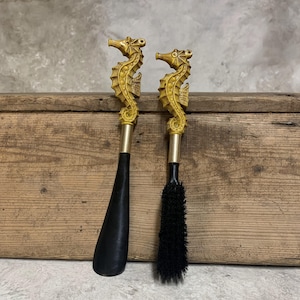 Vintage Seahorse Shoehorn and Brush Set: Metal-Crafted Central Section with Hanging Hole for Convenient Storage