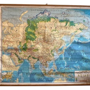 Vintage Landkarte Asien, Physische XLarge Karte von Asien, Klassenzimmer Karte, Schul Karte, Pull Down Map.