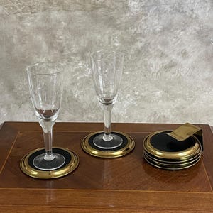 Set of 6 vintage brass coasters, elegant 60s design with velvet backing, perfect for your home, great gift for cocktail lovers