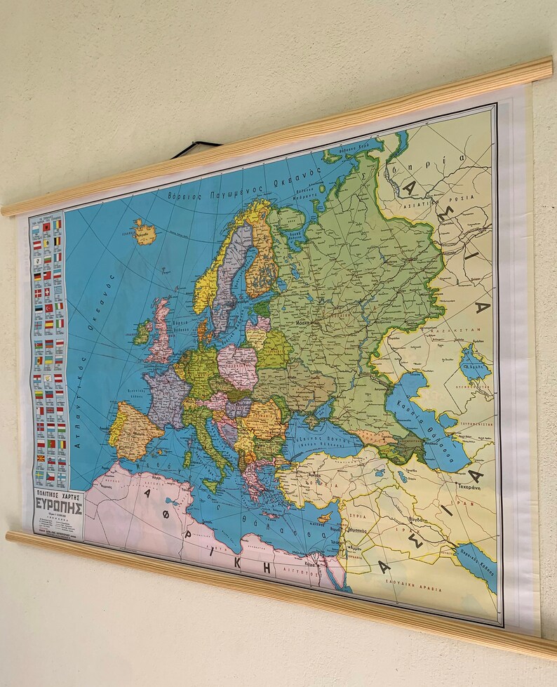 Vintage Europe Wall Map With Flags, Pull Down School Chart, Political ...