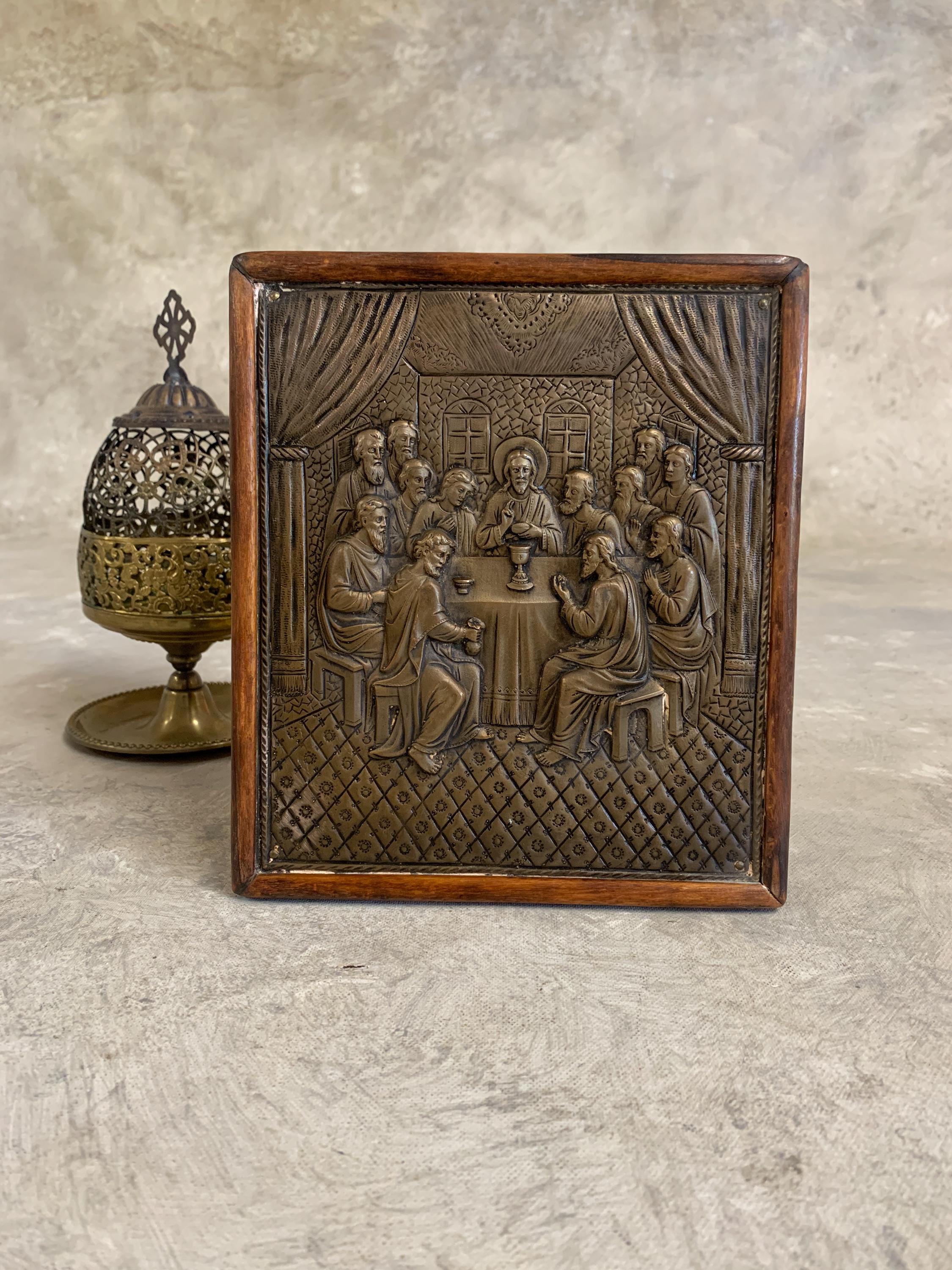 Handmade Bronze Last Supper Relief Icon: Greek Byzantine Orthodox