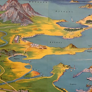 May include: Vintage map illustration featuring a coastal landscape with mountains, a bay, and a harbor. The map uses a palette of blues, yellows, and greens, with Greek text labeling geographical features. A train is depicted near the bottom, adding a historical touch.