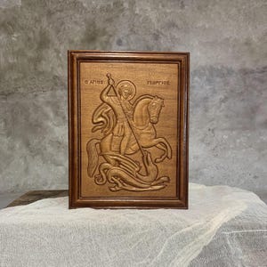 Handmade Saint George Wood Icon: Greek Orthodox Religious Art