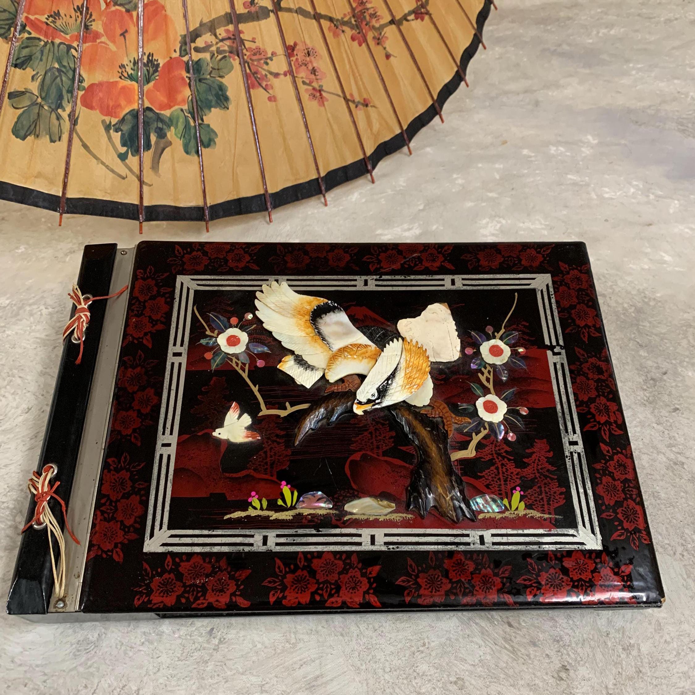 Vintage Japanese Photo Album Music Box: Pearl & Shell Inlay, 1950s