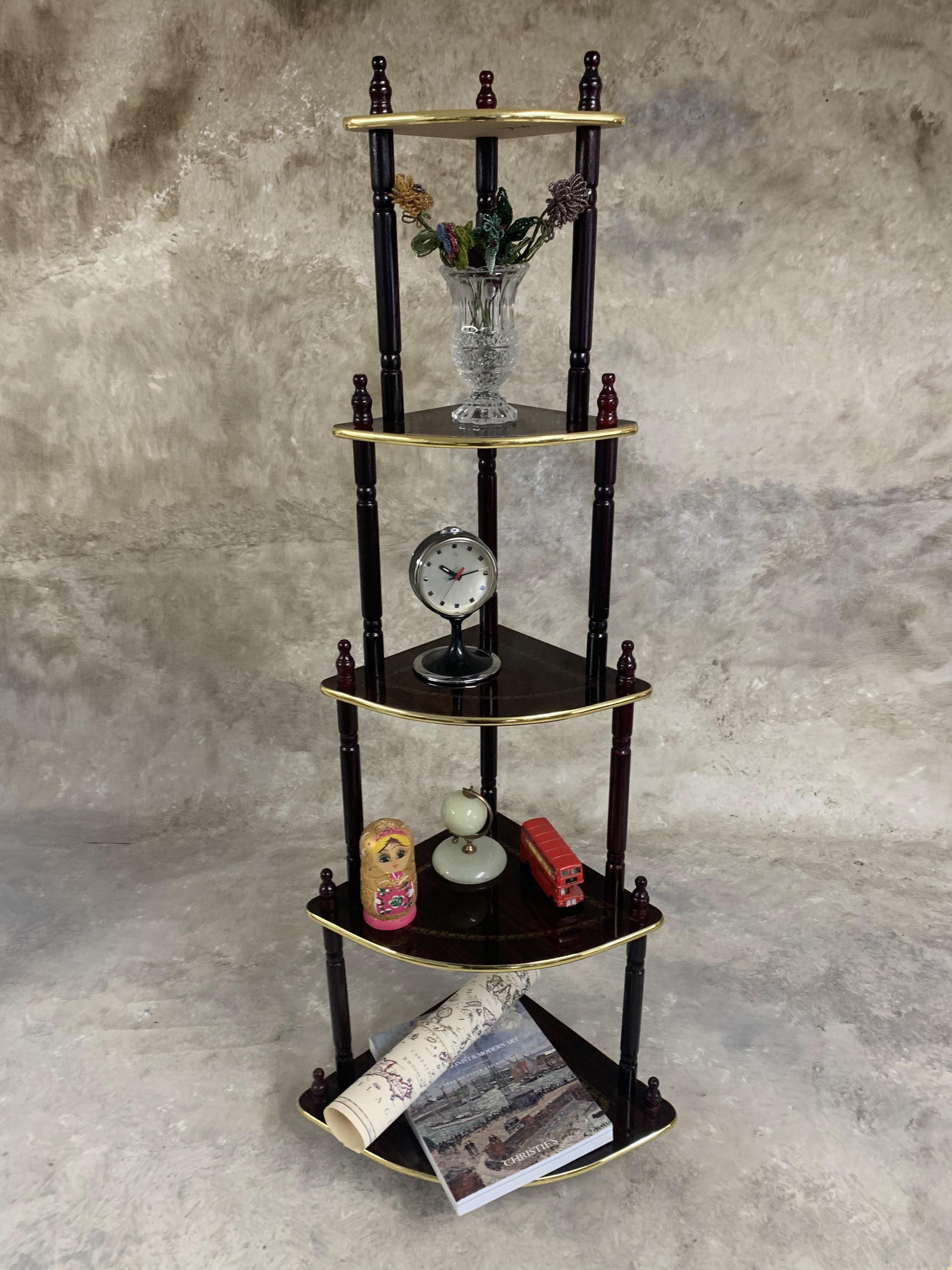 ヴィンテージブラウン木製コーナーシェルフ：5段の素朴なディスプレイ