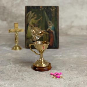 Brass Incense Burner on Wooden Base – Ornate Household Censer for Spiritual & Religious Use – Unique Gift for Meditation Lovers