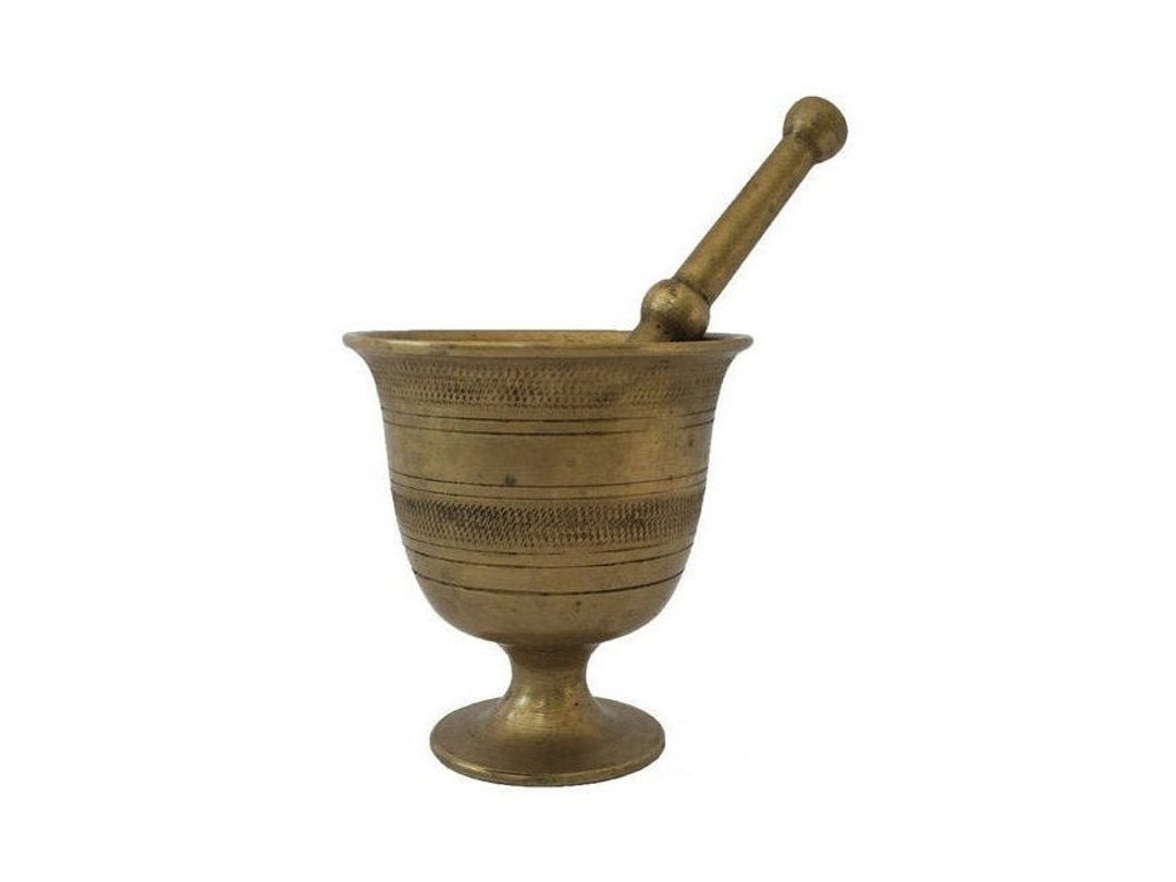 Antique Brass Pestle and Mortar, 20th Century Greek Brass Mortar and