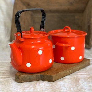 Vintage Set of two cast iron enamel Cast Iron Tea Kettle and Kitchen Casserole Pan.