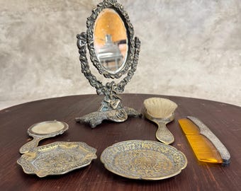 Antike Messing Putte Waschtisch Set - Jugendstil Blumen Spiegel, Bürste, Tablett