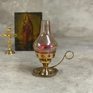 Christian Gold-Plated Tabletop Oil Candle with Glass Lamp, Candle with Big Glass Cup and extra Small Cup for Olive Oil