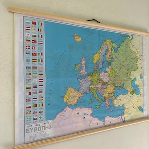 Mapa mural antiguo de Europa con banderas, cartel escolar desplegable, mapa político de Europa, mapa geográfico para el aula.