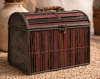 coffre de rangement en osier vintage, coffre décoratif bohème, boîte panier rustique, décoration d'intérieur de style ancien, organisateur de rangement unique