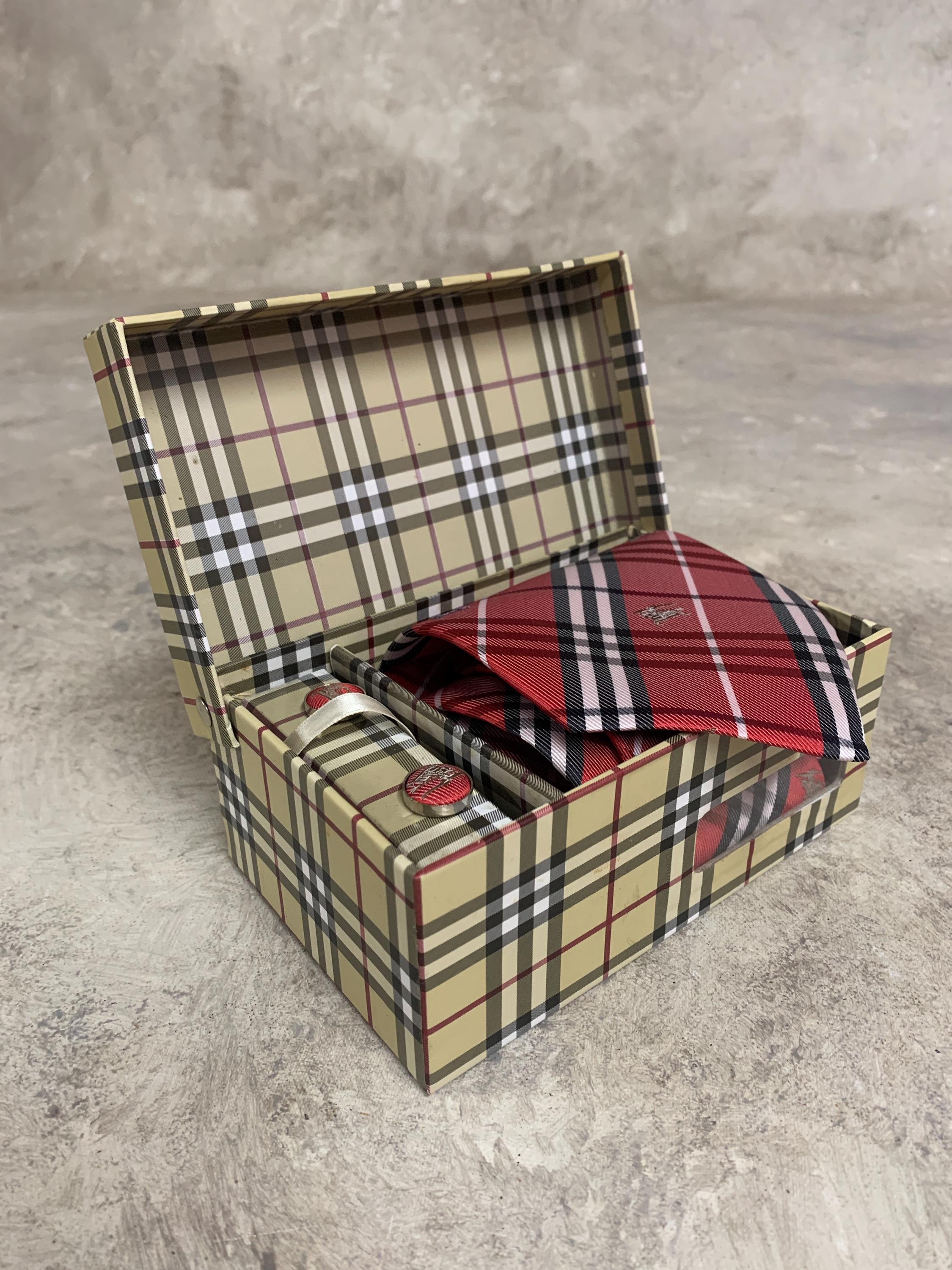 Vintage Burberry Silk Tie Set: Plaid Handkerchief & Cufflinks - Etsy display picture 1