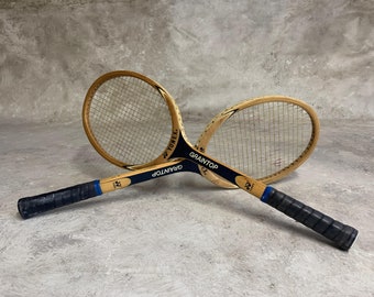Collectible Yonex Wooden Tennis Racquets - Set of 2, Vintage Sports Display, Ideal Gift for Tennis Enthusiasts.