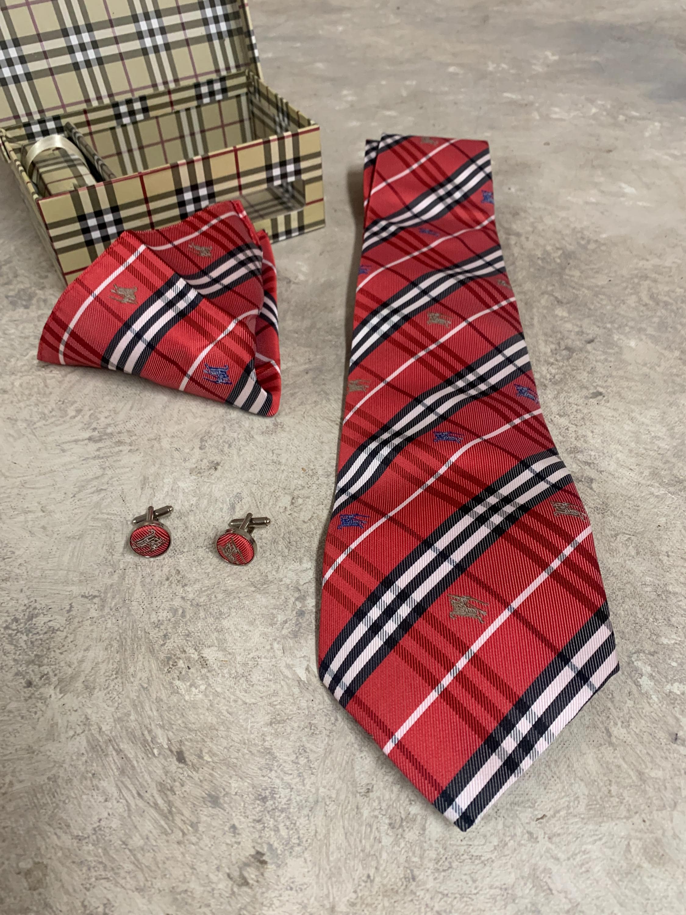 Vintage Burberry Silk Tie Set: Plaid Handkerchief & Cufflinks - Etsy