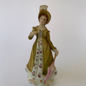 Vintage viktorianische Porzellanfigur einer Dame mit Regenschirm, Skulptur der Porzellanfrau, Kunstkeramik