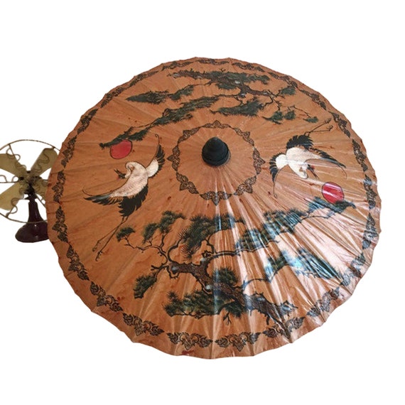 Hand-painted Parasol, bamboo umbrella, Vintage Jap